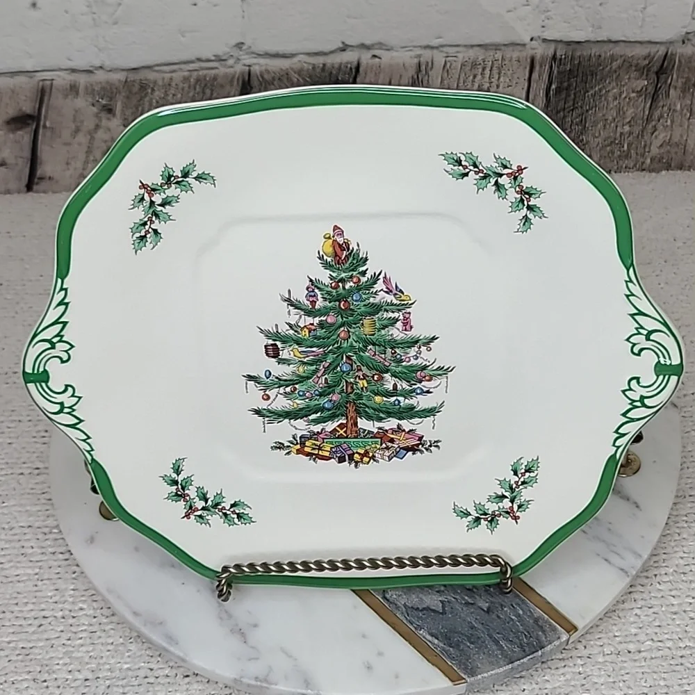 Spode Christmas Tree Vintage Collectible Ceramic Handled Square Cake Plate